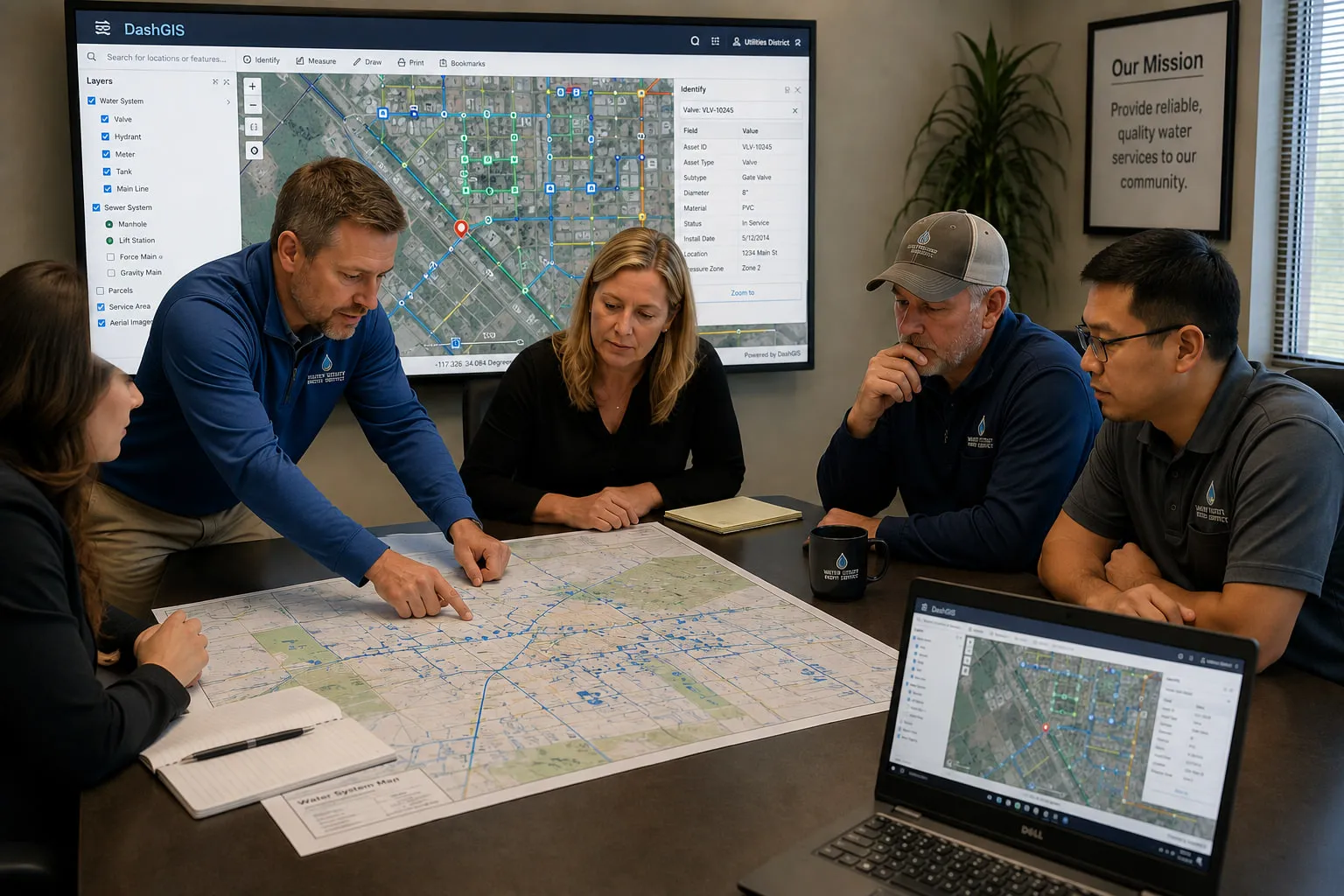 A CALCAD employee sitting with utility personnel around a conference table looking at maps
